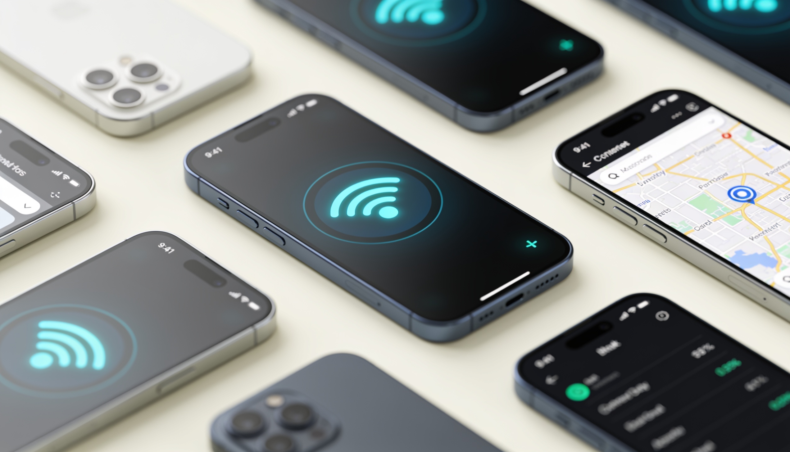 Multiple modern smartphones displayed flat lay showing connectivity icons — eSIM compatible devices in 2026